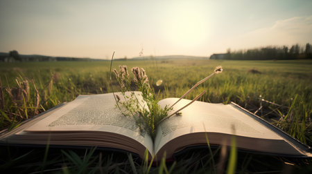 Open book with grass and flowers on a meadow in the eveningの素材