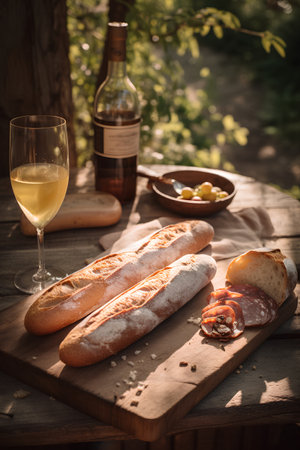 French baguette with salami and wine on a wooden tableの素材