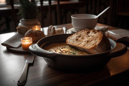 Bowl of cream soup with bread and candles on wooden table.の素材