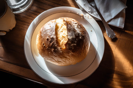 Freshly baked homemade bread on a white plate in a restaurant.の素材