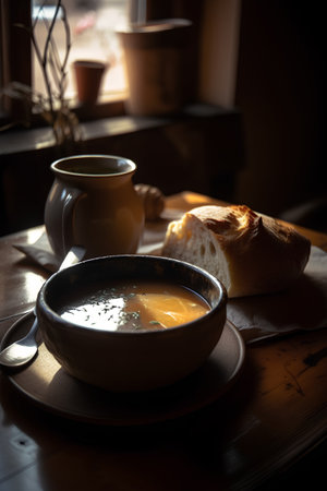 Bowl of soup with bread and milk on a wooden table.の素材