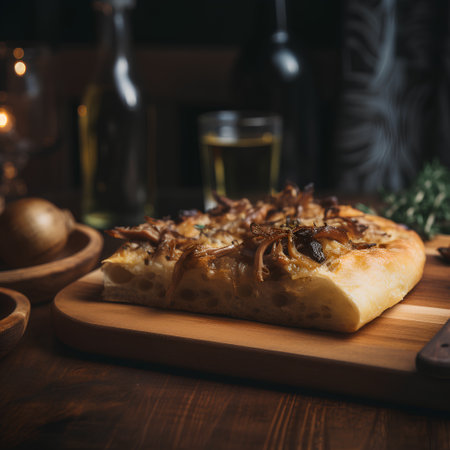 Italian focaccia bread with mushrooms and olive oil, selective focusの素材