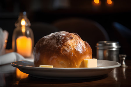 Bread and butter on a table in a restaurant. Selective focus.の素材