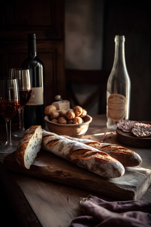 French baguette and a bottle of red wine on a wooden tableの素材