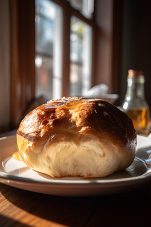 Bread on a white plate on a wooden table near the windowの素材
