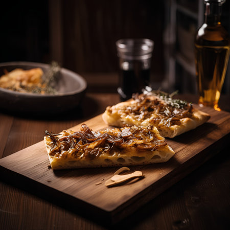 Pizza with cheese and herbs on a wooden board, selective focusの素材