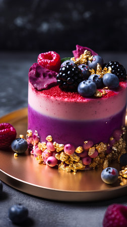 Delicious berry mousse cake with fresh berries and golden sprinklesの素材