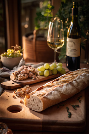 Ciabatta bread with grapes, walnuts and a bottle of white wineの素材