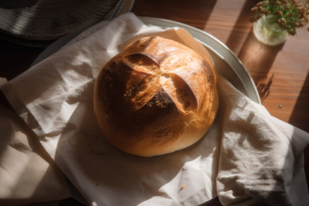 Freshly baked bread on a white napkin in the sunlight.の素材