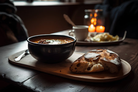 Pumpkin soup in a bowl and bread on a wooden tableの素材