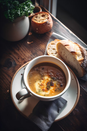 Cup of hot soup with croutons on a wooden tableの素材