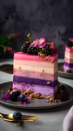 Blackberry and blueberry mousse cake decorated with flowers and berriesの素材