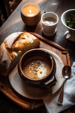 Creamy soup in a clay bowl on a wooden table with bread and candlesの素材
