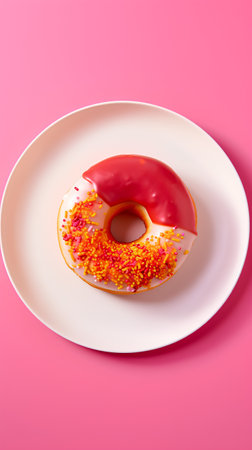Donut with sprinkles on a plate on a pink background.の素材