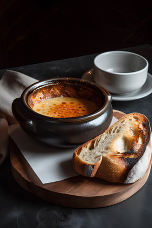 Cheese soup in clay bowl with bread and cup of coffee.の素材