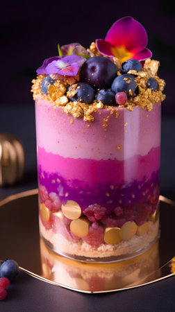 Blueberry and raspberry mousse in a glass on a black backgroundの素材