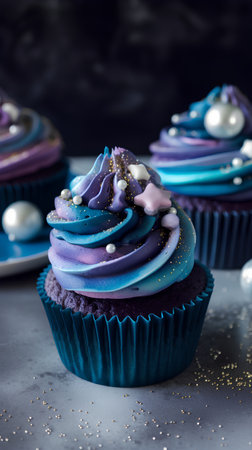 Delicious cupcakes decorated with purple and blue frosting on dark backgroundの素材