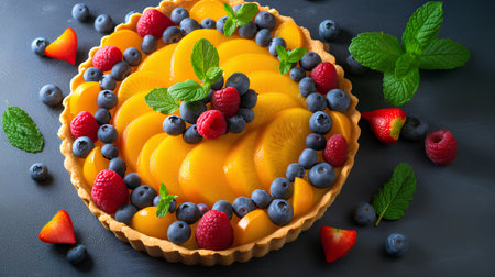 Delicious tart with fresh berries and mint on dark background, closeupの素材