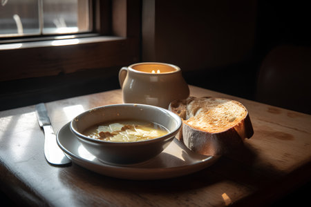 Creamy soup with toast and butter in a bowl on the tableの素材