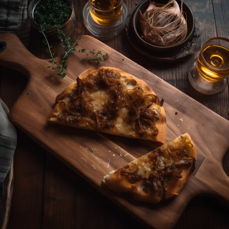 Homemade pizza with mushrooms and cheese on a wooden board, selective focusの素材