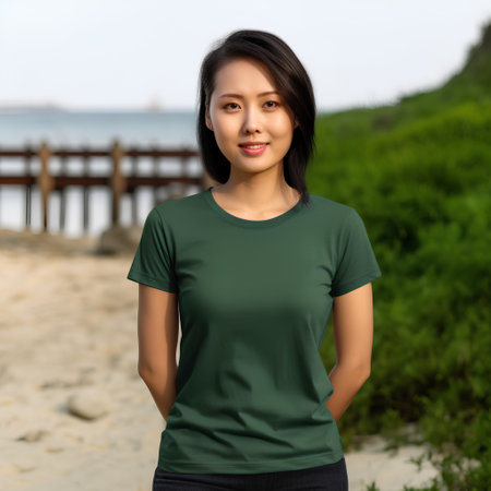 portrait of asian woman wearing green t-shirt on the beachの素材
