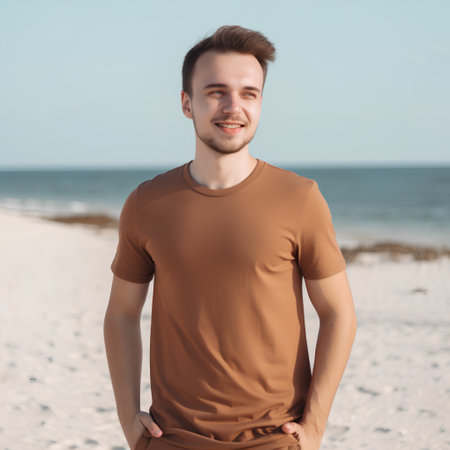 Portrait of handsome young man in t-shirt on the beachの素材