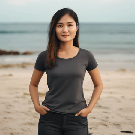 Portrait of a beautiful asian woman in black t-shirt on the beachの素材