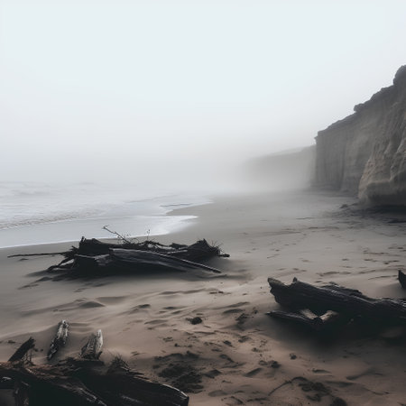 Foggy seascape with driftwood on the beach.の素材