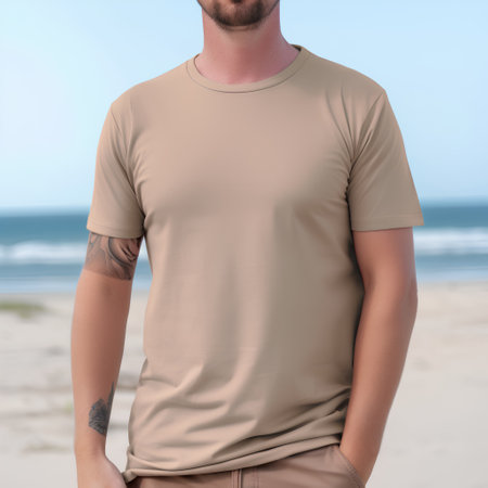 Cropped image of man wearing blank t-shirt on beach backgroundの素材