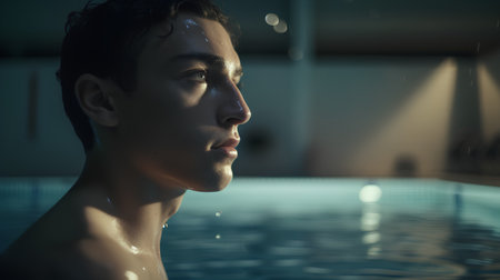 Portrait of a handsome young man in the swimming pool at nightの素材
