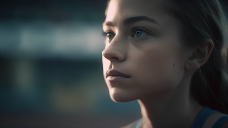 Portrait of a beautiful young woman with blue eyes looking away.の素材