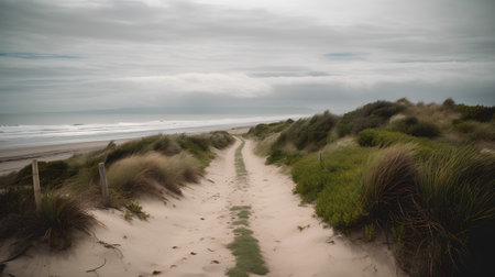 Walking path along a beach in Northumberland, England.の素材