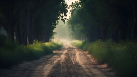 Road through the green forest in the morning. Foggy landscape.の素材