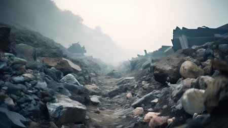 Dangerous mountain trail in Himalayas. Trekking in Nepalの素材