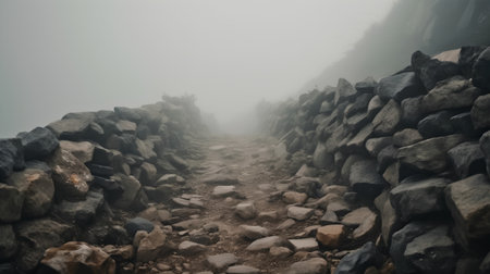 Foggy path in the mountains with stone wall and rocks.の素材
