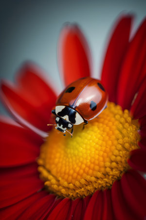 ladybug on red flower petals macro close up. natural backgroundの素材