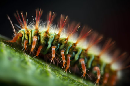 caterpillar on green leaf macro close up. Shallow DOFの素材