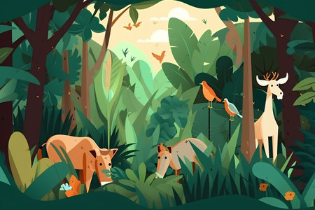 Animals in the jungle vector illustration. Cartoon wild animals in the jungle.の素材
