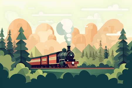 Retro steam locomotive in the forest. Vector illustration in flat styleの素材