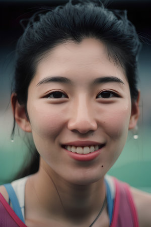 Portrait of a Beautiful Asian Female Athlete Smiling at the Cameraの素材