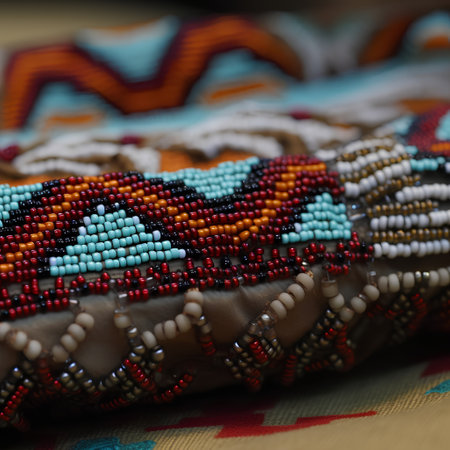 Colorful beads of various colors and shapes on a fabric background.の素材