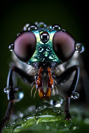 Macro shot of a fly with water drops on its body.の素材