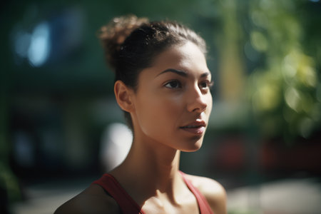 Portrait of a beautiful young woman in sportswear looking awayの素材