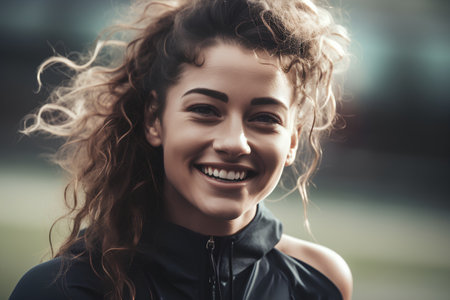 Portrait of a beautiful young woman with curly hair smiling outdoors.の素材