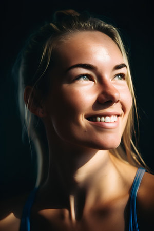 Portrait of a smiling young woman on a dark background. Close-up.の素材
