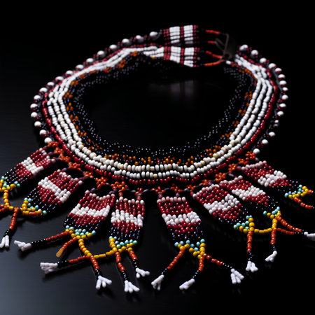 necklace made of beads of different colors on a black background close upの素材