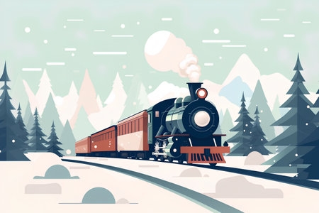 Retro steam locomotive in the winter forest. Vector illustration.の素材