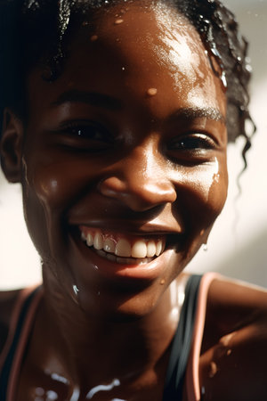 young african american woman smiling with wet hair and wet faceの素材