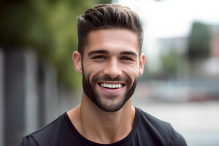 Portrait of a handsome young man smiling at the camera outdoors.の素材