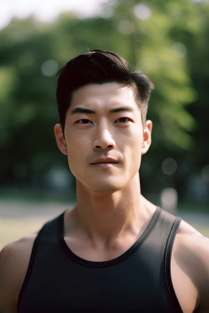 Portrait of a young asian man in sportswear looking at cameraの素材